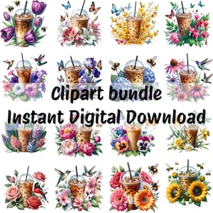 Conjunto de imágenes prediseñadas de acuarela de café helado floral, diseños PNG de café lindo café, acuarela mariposa colibrí abejas Clip Art Set