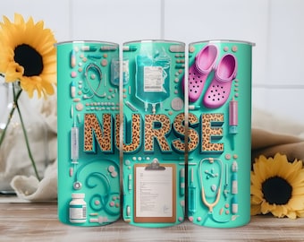 Nurse 20oz Skinny Tumbler Wrap, Sublimation Design, Instant Digital Download,  Nurse tumbler png, Leopard Print Nurse Tumbler Wrap