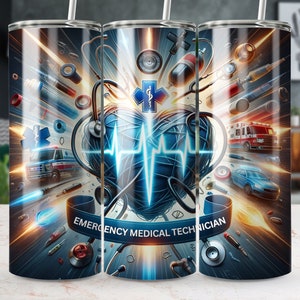 Könnte beinhalten: Ein Edelstahlbecher mit einem farbenfrohen Design mit medizinischen Symbolen, einem Herzen mit einer Herzschlaglinie und dem Text "Emergency Medical Technician".