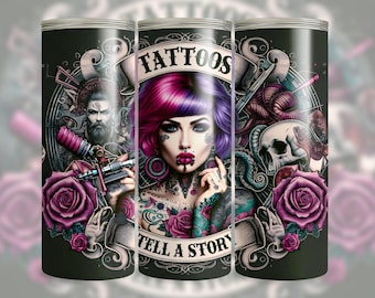 Tattoo Künstler Nahtlose Tumbler Wrap 20 Oz Skinny Sublimation Design Digitaler Download PNG Tattoo Art Rosen Schädel