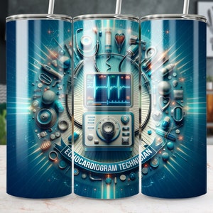 May include: A blue stainless steel tumbler with a graphic design of medical equipment, including a stethoscope, a heart monitor, and pills. The text "Echocardiogram Technician" is printed on the tumbler.