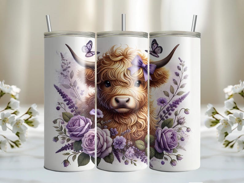 May include: Three stainless steel tumblers with a white background and a floral design featuring purple flowers, green leaves, and a brown and white Highland cow with a purple bow.