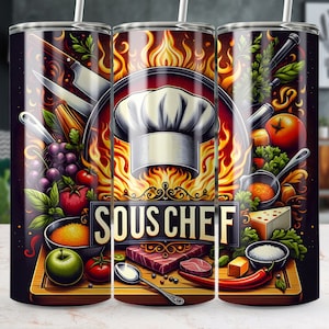 May include: A stainless steel tumbler with a colorful illustration of a chef's hat, flames, and various kitchen tools. The text "Sous Chef" is printed on the tumbler.
