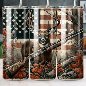 Deer Hunting Tumbler Wrap PNG, Camo Hunt 20 oz Skinny Tumbler Sublimation Design Template, American Flag, Digital Download