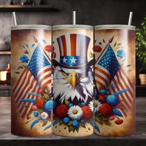 Seamless 4th Of July Patriotic Bald Eagle with Flags & Flowers 20 Oz Skinny Tumbler Wrap, Sublimation Design for July 4th or Memorial Day
