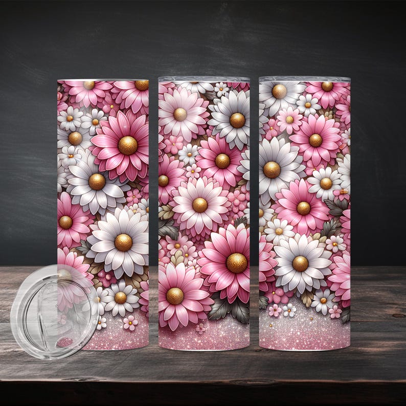 Pink Daisies With Glitter 20 Oz Seamless Skinny Tumbler Wrap ...