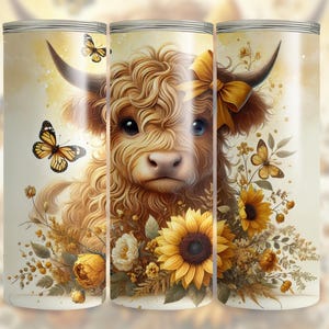 Highland Cow Sunflower With Butterflies Tumbler Wrap 20 Oz Seamless Skinny Sublimation Design - Cute Coquette Aesthetic PNG Digital Download
