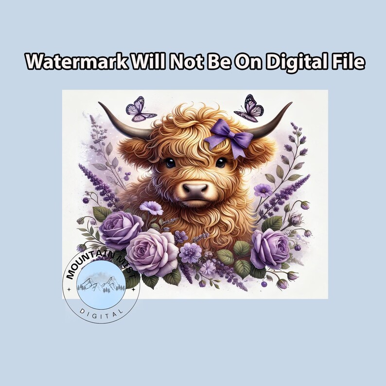 May include: A cute cartoon Highland cow with brown fur and a purple bow, surrounded by purple flowers and butterflies.