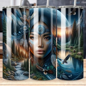 May include: A set of three stainless steel tumblers featuring a colourful design with a Native American woman, a forest scene, and a lake. The tumblers are ideal for keeping drinks cold or hot.