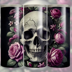 Gothic Schädel und Rosen 20 Unzen nahtlose Skinny Tumbler Sublimation Design, gerade / konisch zulaufender Becher Wrap, Png, Sofortiger digitaler Download