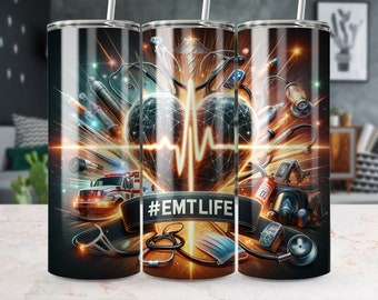 EMT LIFE 20 oz smal tumbler, rak/avsmalnande tumbleromslag, tumbler png, omedelbar digital nedladdning, akutmedicinsk teknikeromslag