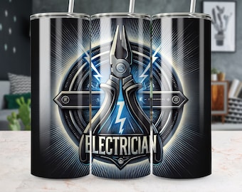 May include: Three stainless steel tumblers with a black and blue design featuring a pair of pliers and the word "ELECTRICIAN".