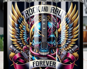 Rock and Roll Forever Skull 20 oz Skinny Tumbler Sublimation Design, Straight/Tapered Tumbler Wrap, Tumbler Png, Instant Digital Download