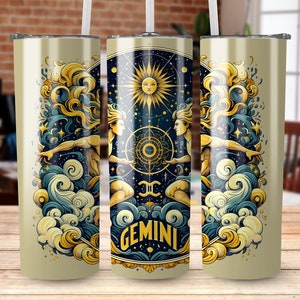 Puede incluir: Un vaso de acero inoxidable con fondo beige y una ilustración colorida del signo zodiacal Géminis. La ilustración presenta dos figuras, un sol, estrellas y nubes. El texto "GEMINI" está impreso en una fuente estilizada en la parte inferior del vaso.