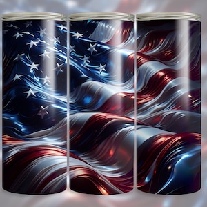 May include: Three stainless steel tumblers with a design of an American flag with red, white, and blue wavy stripes.