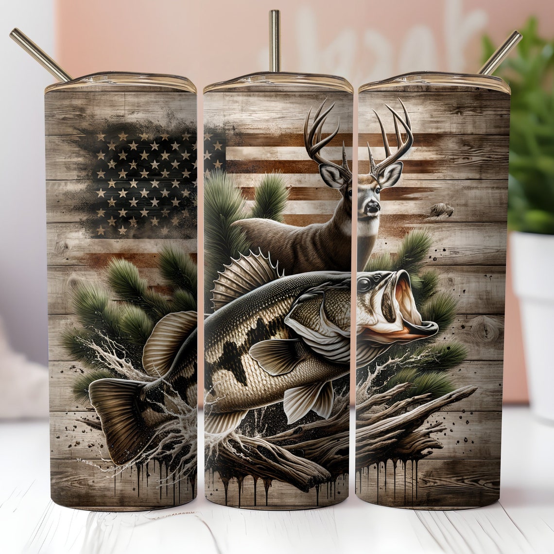 American Flag Bass Fishing Deer Tumbler Wrap 20oz Skinny Tumbler ...