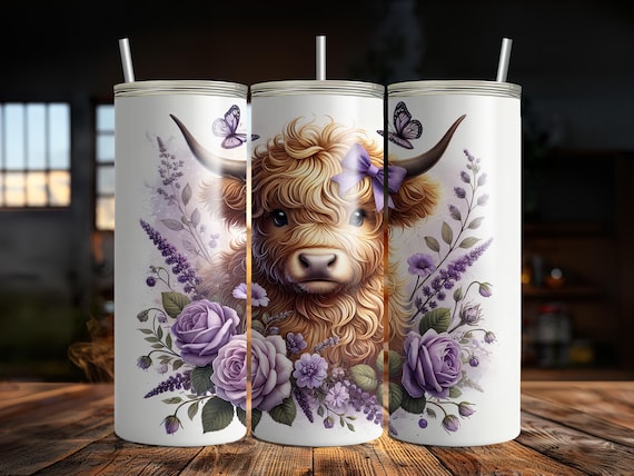 Highland Cow 20 Oz Skinny Tumbler Wrap, Purple Floral Coquette Cow PNG, Cute Cow Sublimation, Digital Download, Tumbler Wrap PNG