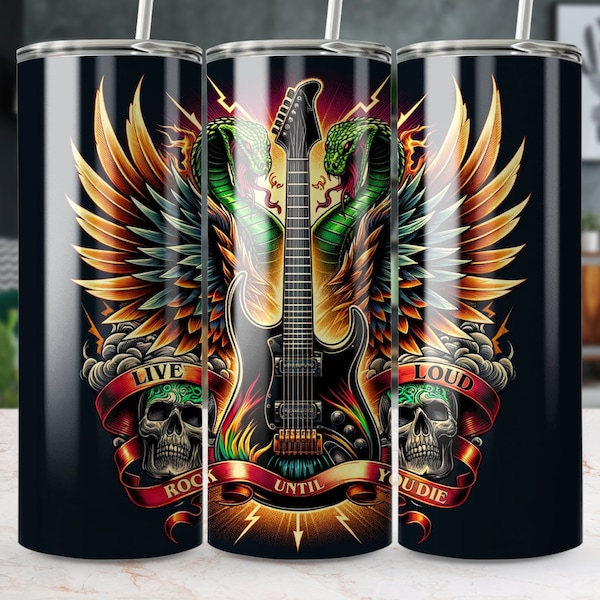 Live Loud Rock Until You Die 20 oz Skinny Tumbler Wrap, Straight/Tapered, Tumbler Png, Instant Digital Download, Guitarist Tumbler Wrap