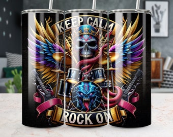 May include: A black and gold stainless steel tumbler with a skull and wings design. The tumbler features the text "Keep Calm Rock On" and a snake wrapped around the skull.