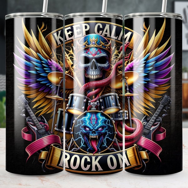 Keep Calm Rock On Tumbler Wrap, Music Skull Wings Guitar Drum Tumbler Wrap Gift for Rockers, Unique Insulated Cup Design, Cool Drinkware