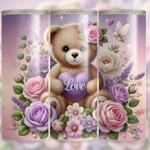 Valentine Teddy Bear Love 20 Oz Skinny Tumbler Wrap Sublimation Design Digital Download PNG, Seamless Tumbler Wrap for Crafting