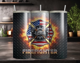 Firefighter American Flag Seamless 20 Oz Skinny Tumbler Wrap PNG | Flame Metal Texture Sublimation Design Digital Download