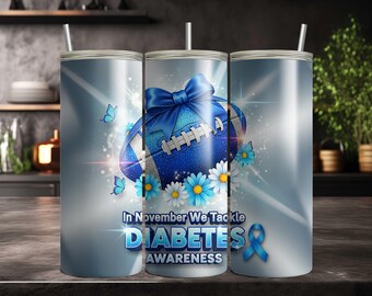 Blau Fußball Diabetes Bewusstsein Nahtlose 20 Oz Skinny Tumbler Wrap | November Support Ribbon Sublimation PNG Digital Download