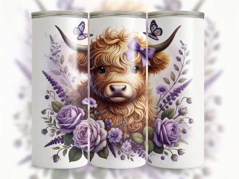 May include: A white tumbler with a colorful illustration of a Highland cow with a purple bow, surrounded by purple flowers and butterflies.