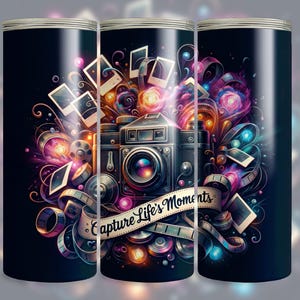 May include: A colorful graphic design featuring a vintage camera with film reels, lights, and the text "Capture Life's Moments".