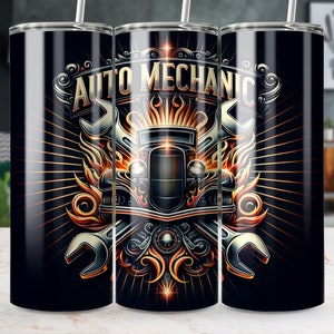 Design sem emenda do envoltório do tumbler do mecânico automático, arte da chama do carro da haste quente 20 oz sublimação magro do tumbler, presente para entusiastas do carro,