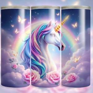 Magische eenhoorn regenboog naadloze 20 Oz magere beker wrap fantasie sublimatie ontwerp digitale download, vlinders beker wrap meisjes cadeau