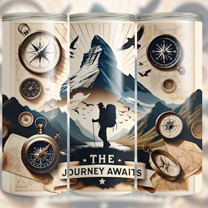 Hiking The Journey Awaits 20 Oz Skinny Sublimation Design, Mountain Hiker Digital Download PNG, Seamless Tumbler Wrap, Gift Idea For Hiker