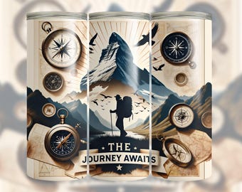 Hiking The Journey Awaits 20 Oz Skinny Sublimation Design, Mountain Hiker Digital Download PNG, Seamless Tumbler Wrap, Gift Idea For Hiker
