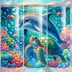 May include: A colorful illustration of a dolphin and a sea turtle swimming in a blue ocean with coral reefs and bubbles. The dolphin is blue and gray, and the turtle is green with a brown shell. The background is a vibrant blue with coral reefs in shades of pink, orange, and green.