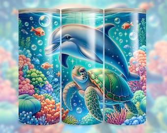 Vibrant Ocean Life Dolphin with Sea Turtle 20 Oz Skinny Tumbler Wrap Sublimation Design PNG Digital Download. Ocean Scene Tumbler Wrap