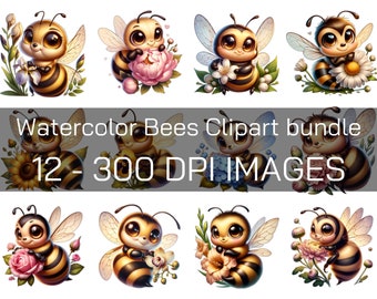 Watercolor Bee Clipart - Cute Bees And Flowers Transparent Backgroun PNG Files, clip art bee instant download, cartoon art, Floral Clipart