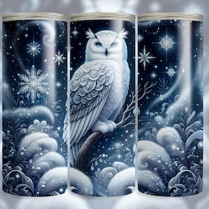Winter Night Owl Tumbler Wrap, 20 Oz Skinny Sublimation Design, Digital Download PNG, Snowflake Owl Tumbler Art, Mystical Design