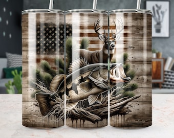 American Flag Bass Fishing Deer Tumbler Wrap 20oz Skinny Tumbler Sublimation, Hunting Season Tumbler 300 DPI PNG File Digital Download