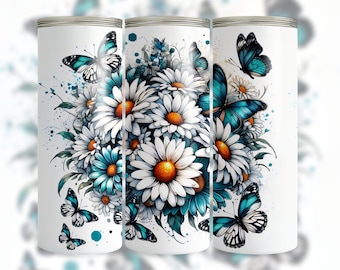 Butterflies And Daisies Seamless Tumbler Wrap 20 Oz Skinny Sublimation Design Digital Download PNG Daisy Butterfly, Blue Floral Tumbler Wrap