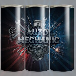 May include: Three stainless steel tumblers with a black, red, and blue design. The tumblers feature a graphic of car parts and the text "AUTO MECHANIC".