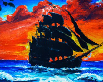 The Majestic Ship on the Horizon" Original Digital Art Oil Painting