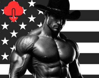 May include: A black and white photo of a muscular man wearing a cowboy hat and jeans, standing in front of an American flag background. The text "Download Proud American Man" is at the bottom of the image.