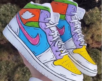 Custom Air Jordan 1 Mid Sneakers – Hand Painted Pop Art Color Block Shoes | Unique Streetwear Kicks