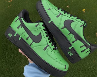 Green Air Force 1s - Custom Green & Black Drip Air Force 1 | Hand-Painted Sneakers | Unique Streetwear Nike-Style Custom Shoes