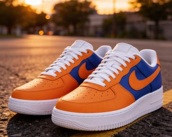 Custom Orange and Blue Air Force 1 Low Sneakers – Bold Two Tone AF1 Custom Shoes – Hand Painted Streetwear Sneakers for Men & Women
