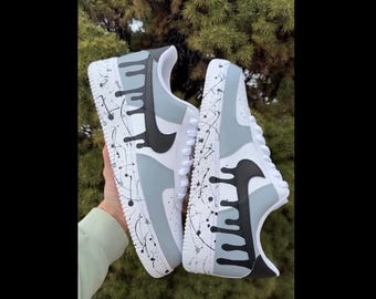 Custom Air Force 1s Grey & Black Drip – Hand Painted Nike AF1 Sneakers with Splatter Sole - Grey Air Force 1s Mens - Black Air Force 1s