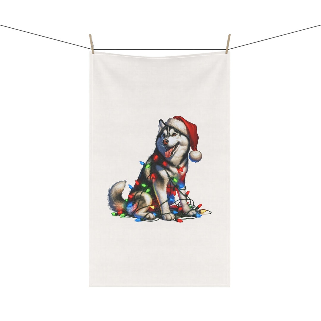Christmas Husky Kitchen Towel Light Husky Puppy Merry Etsy