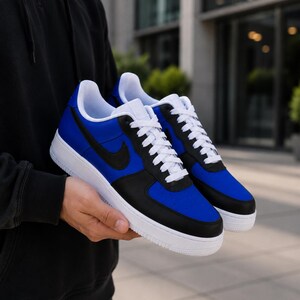 Zapatillas Air Force 1 personalizadas en azul y negro – Zapatillas AF1 personalizadas en azul real - Air Force 1 azules para hombre imagen 4