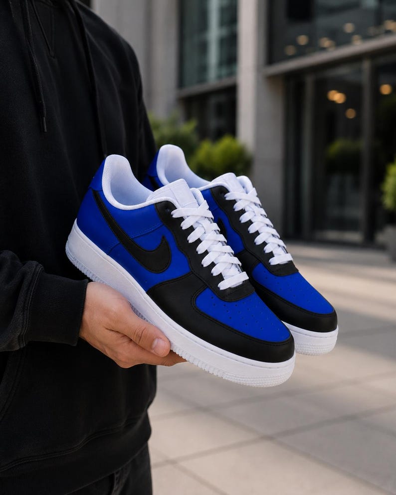 Zapatillas Air Force 1 personalizadas en azul y negro – Zapatillas AF1 personalizadas en azul real - Air Force 1 azules para hombre imagen 4