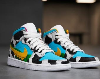 Custom Jordan 1s - Cow Print Jordan 1s | Custom Jordan 1 Sneakers | Hand Painted Jordans | Animal Print Jordan 1s | Men’s Custom Jordan 1s
